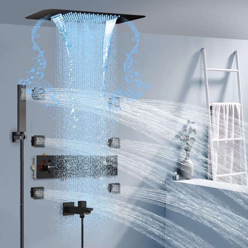 Thermostatic Shower System, Full Body shower syetem with Body Jets, 23 Inch Rainfall Waterfall Overhead Shower System in Matte Black
