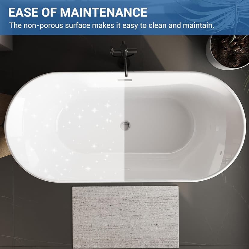 67 Inch Acrylic Freestanding Bathtub, Luxury Oval Soaking Tub, Modern Stand Alone Bath In White, with Chrome Drain, Overflow, Deep Soak Freestanding Tub for Bathroom