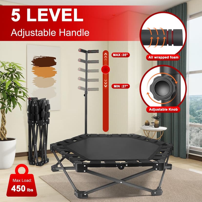Foldable Mini Trampoline — One-Step Fold & Open, 42" Rebounder Trampoline for Adults & Kids, 450lbs Max Load, Adjustable T-Bar, Indoor & Outdoor Workout