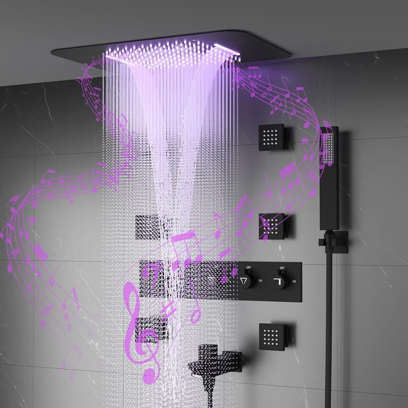 Thermostatic Shower System, Full Body shower syetem with Body Jets, 23 Inch Rainfall Waterfall Overhead Shower System in Matte Black