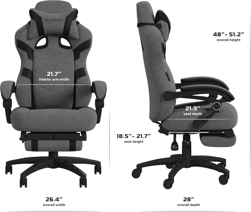 RESPAWN 110 Pro Gaming Chair - Gaming Chair with Footrest, Reclining Gaming Chair, Video Gaming Computer Desk Chair, Adjustable Desk Chair, Gaming Chairs for Adults with Headrest Pillow - Grey Fabric