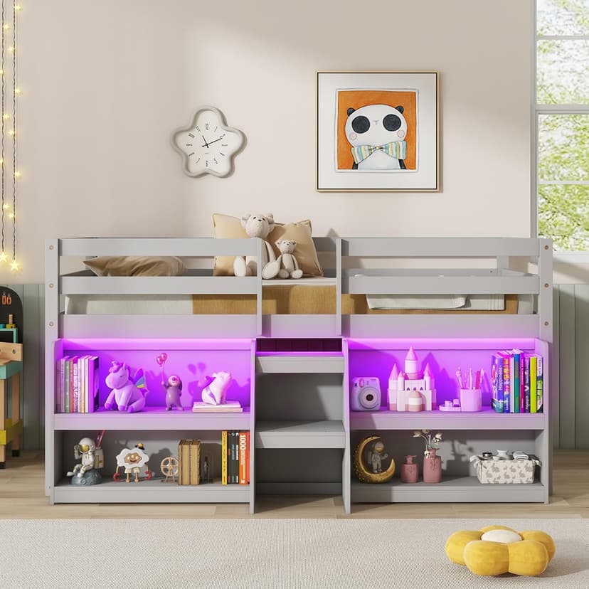 Giantex Low Loft Bed with LED Lights, Wooden Loft Bed Twin Size with Stairs & Safety Guardrail, Loft Bed for Kids with Storage Bookcase and Under-Bed Play Space, Grey
