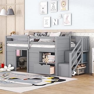Bellemave Twin Size Low loft Bed for Kids,Wood Loft Beds,Modern Farmhouse Twin loft Bed,Loft Bed with Storage, No Box Spring Needed,for Kids,Gray