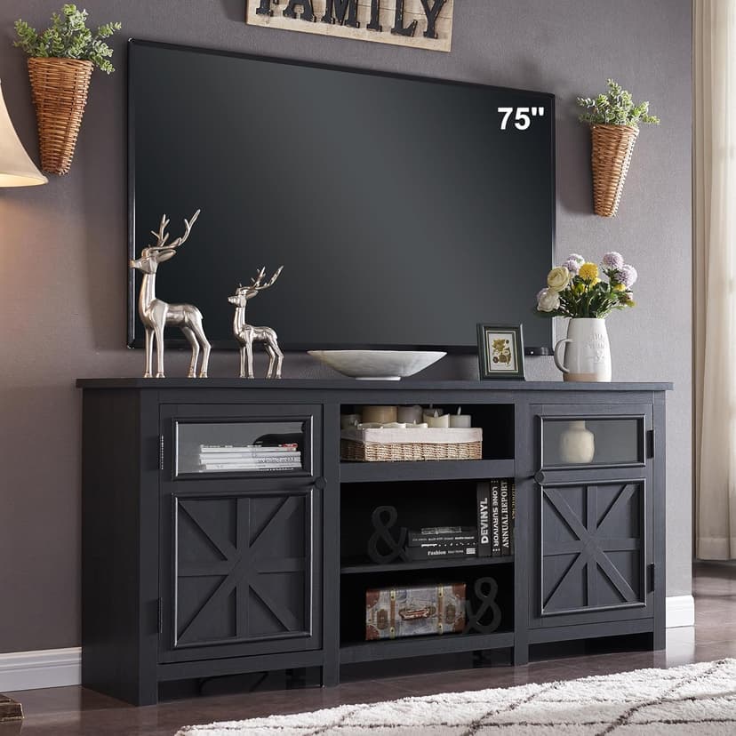 JXQTLINGMU Farmhouse TV Stand for 75 Inch TV, Entertainment Center with Storage, Rustic TV Cabinet with Barn Doors, 66" TV Console for Living Room, Adjustable Shelf - Black