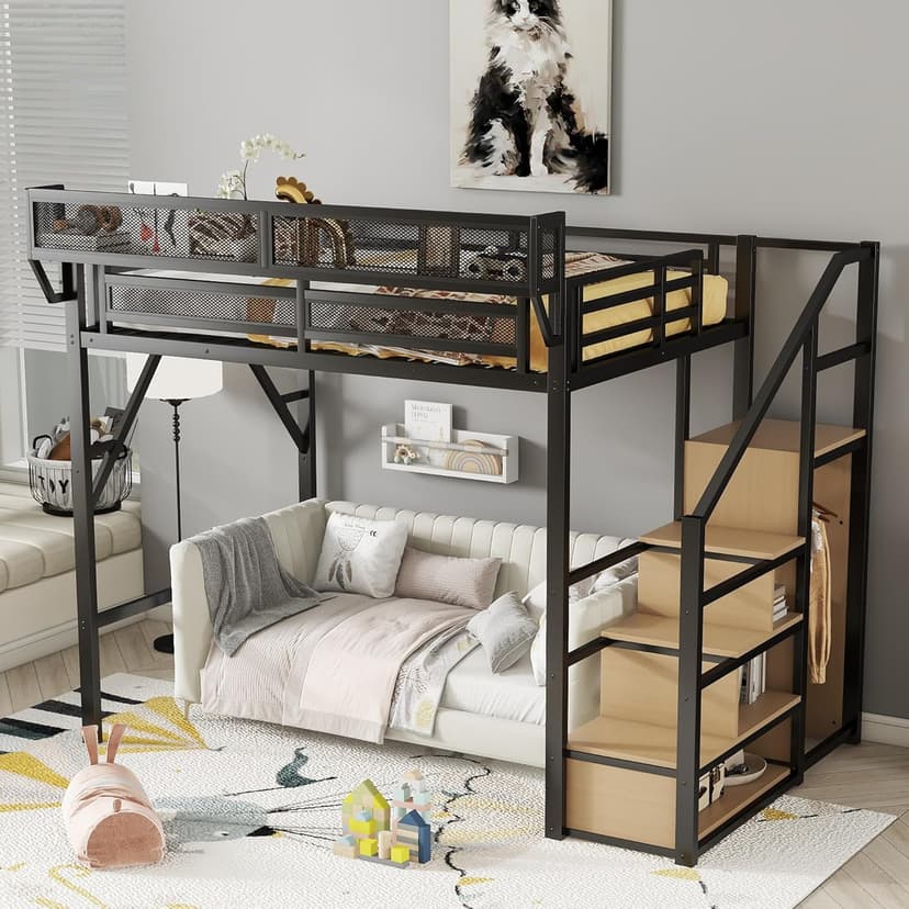 Full Size Loft Bed with Stairs and Storage, Metal Loft Bed Frame with Bedside Shelf and Large Under-Bed Space, Heavy-Duty Bed for Adults Teens and Kids, Black