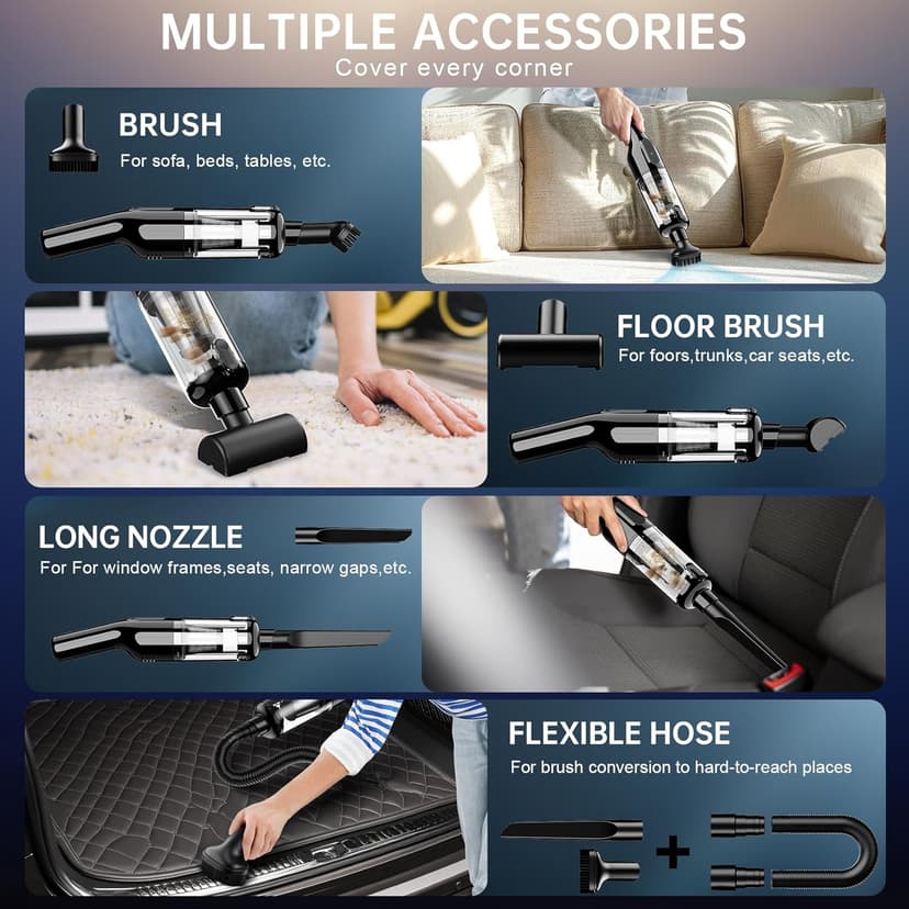 Handheld Vacuum Cordless, Car Vacuum with 16000Pa Powerful Suction, Lightweight at 1.3 lbs, Rechargeable Vacuum Cleaners for Home Office Car Pets with Brushless Motor, Multiple Accessories