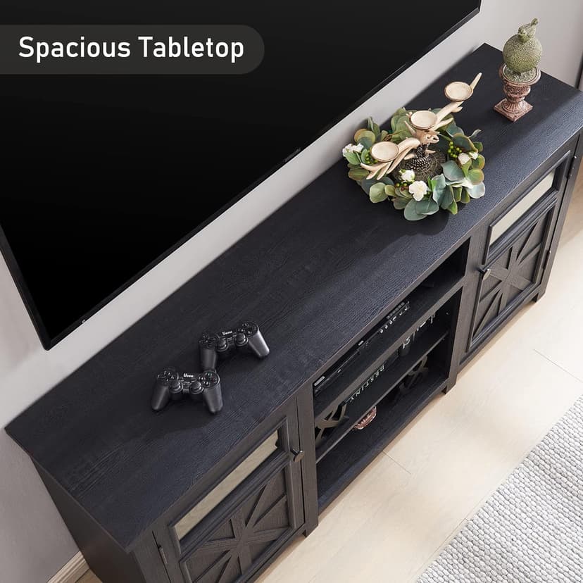JXQTLINGMU Farmhouse TV Stand for 75 Inch TV, Entertainment Center with Storage, Rustic TV Cabinet with Barn Doors, 66" TV Console for Living Room, Adjustable Shelf - Black