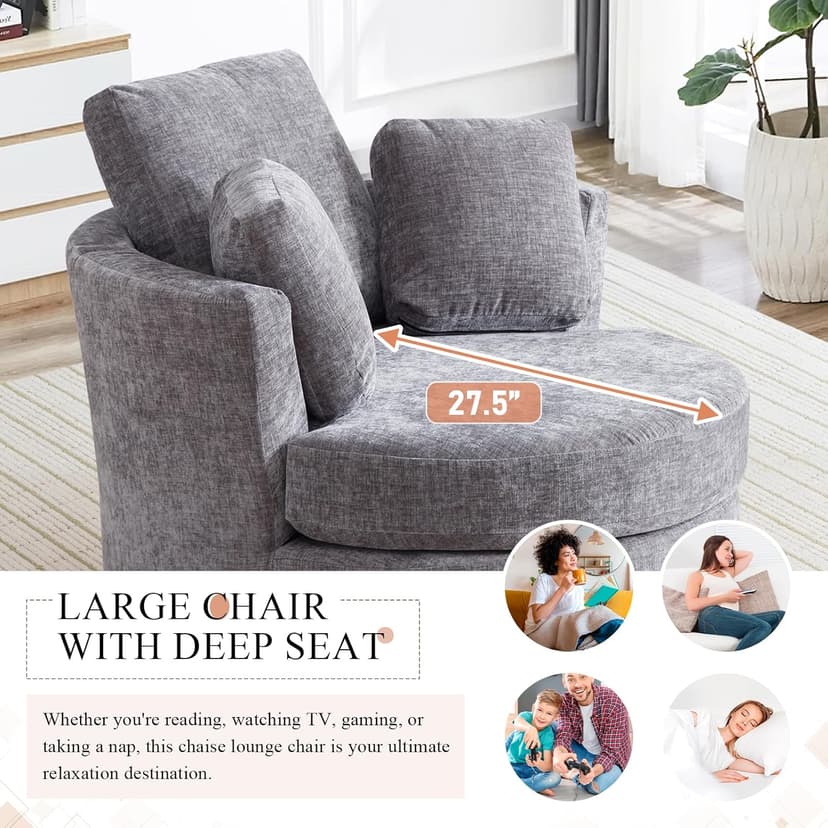 42" W Modern Grey Swivel Barrel Chair with 360° Round Metal Base & Soft Chenille Pillows & Thick Cushion, Comfy Oversized Chaise Longue Indoor Living Room, Bedroom Club Reading Armchair (Gray)