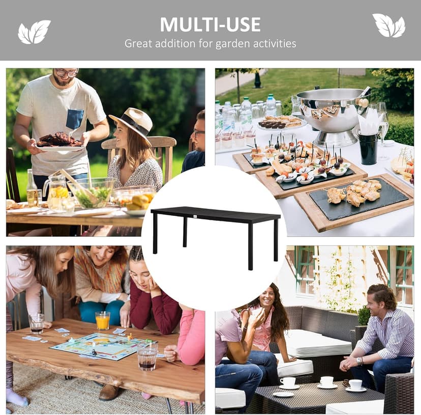Outsunny 75" x 35" Outdoor Dining Table for 8 People, Rectangular Aluminum Frame Garden Table with All-Weather Faux Wood Top for Garden, Lawn, Patio, Black