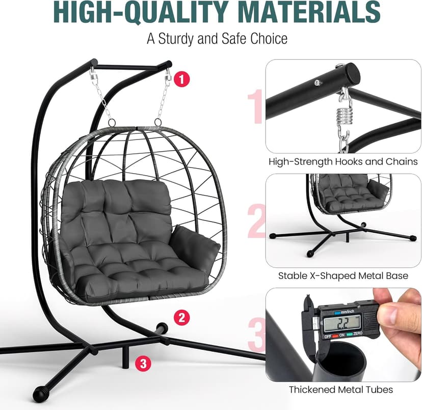 Pamapic Double Egg Chair wth Stand, 700 LBS Loveseat Rattan Swing Chair, UV Resistant Cushions with Armrests and Headrest, Thick Steel Frame Hammock Swing for Outdoor, Patio, Indoor(Grey)