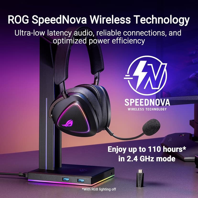 ASUS ROG Delta II Wireless Gaming Headset (BT, ROG SpeedNova 2.4GHz, 3.5mm, 50mm Titanium-Plated Drivers, 10mm Super-Wideband Mic, 110HR Battery, DualFlow Audio, for PC, Switch, PS5, Xbox)- Black