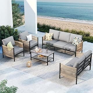 Aluminum Outdoor Patio Furniture Set, HDPE Rope 5 Piece Modern Sectional Conversation Sets with Dual-Layer Coffee Table, All Weather Patio Couch Sofa with Thick Cushions, Gray Frame, Gray