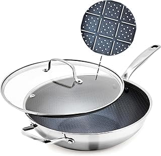Blue Diamond Hybrid Nonstick Stainless Steel 12” Wok with Lid, PFAS-Free Ceramic Diamond Bond Stir-Fry Pan, Induction Ready, Dishwasher & Oven Safe, Metal Utensil Safe, Stay-Cool Handle, Silver