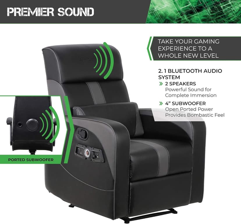 X Rocker Gamma Recliner Gaming Chair, 2.1 Bluetooth Audio System, Headrest Mounted Speakers, Built-in Footrest and Cupholder, 718001, 34.84" x 39.37" x 30.31", Black