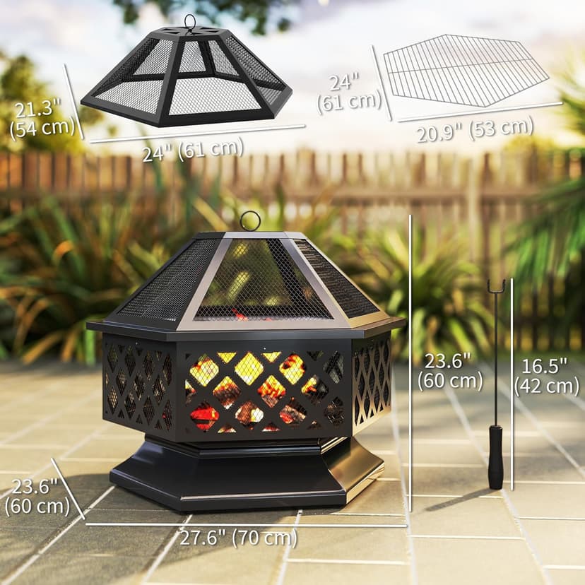Outsunny 28" Outdoor Fire Pit Grill, Portable Wood Burning Firepit for Outside with Cooking Grate, Fire Poker, Spark Screen Lid, Steel Hexagon Fireplace for Patio Bonfire Backyard BBQ Camping Picnic