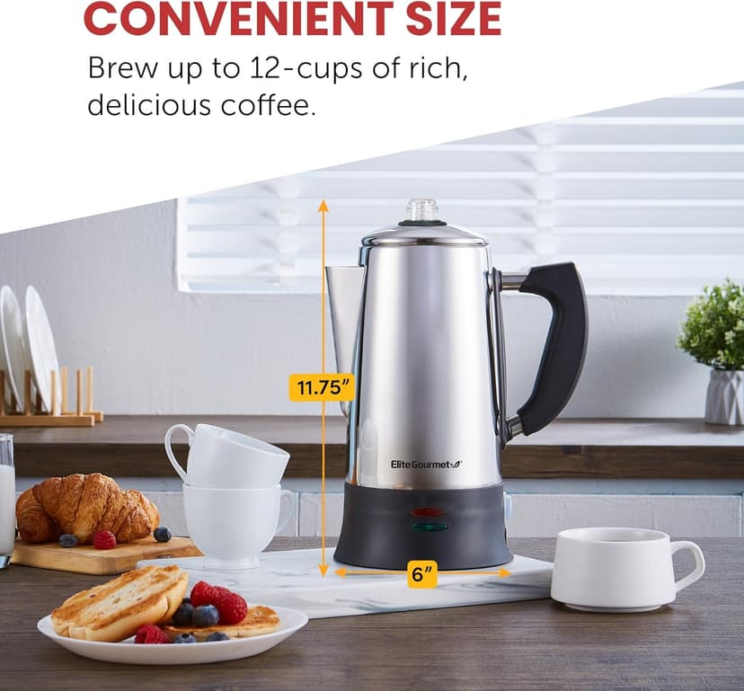 Elite Gourmet EC923 Electric Coffee Percolator, BPA Free, Keep Warm, Clear Brew Progress Knob, Cool-Touch Handle, Cordless Serve, 12-Cup, Stainless Steel