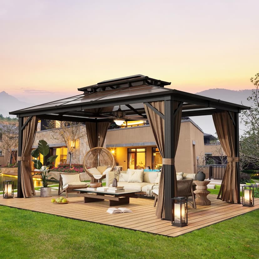 YOLENY 10'x13' Hardtop Gazebo, Outdoor Polycarbonate Double Roof Canopy, Aluminum Frame Permanent Pavilion with Curtains and Netting, Sunshade for Garden, Lawns, Patio