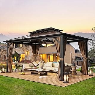 YOLENY 10'x13' Hardtop Gazebo, Outdoor Polycarbonate Double Roof Canopy, Aluminum Frame Permanent Pavilion with Curtains and Netting, Sunshade for Garden, Lawns, Patio