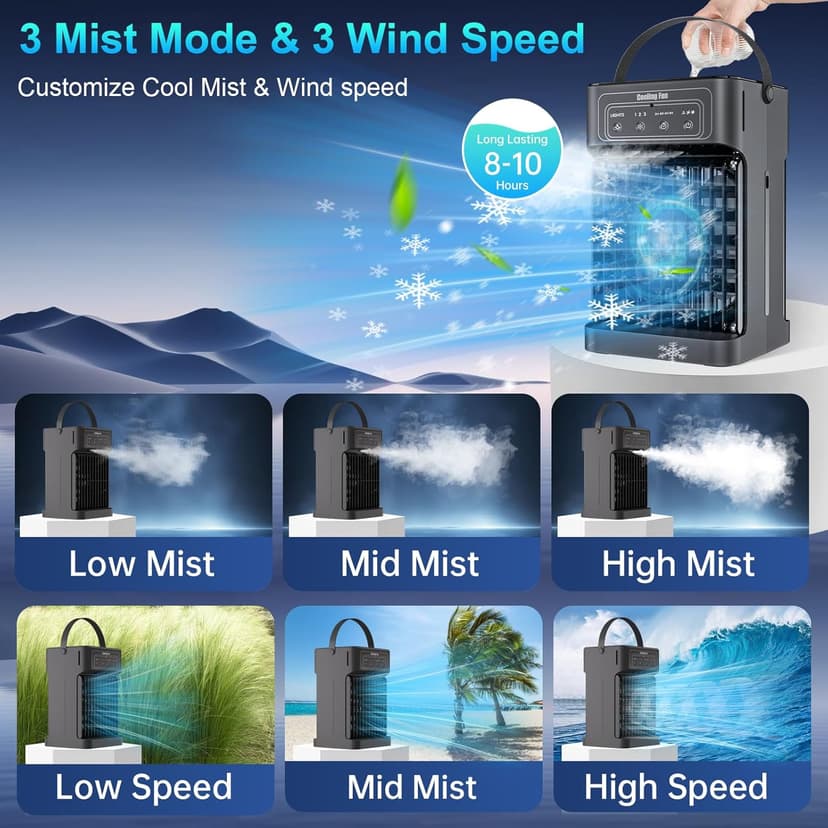 Portable Air Conditioners, 4-IN-1 Portable AC Unit with 3 Wind Speeds, 3 Spray Mode, 7 Night Light & 2-8H Timer Air Conditioner Portable,Personal Small Mini Air Conditioner Air Cooler for Room Camping