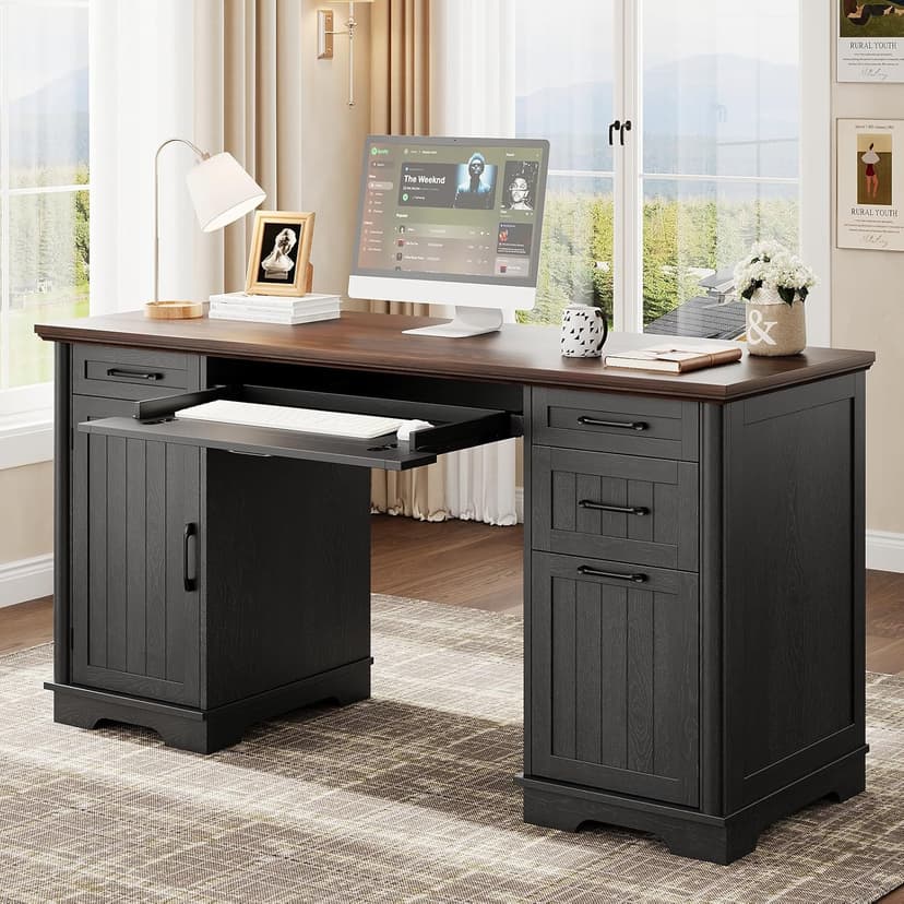 56" Large Modern Executive Desk, Farmhouse Computer Desk with File Drawers, Wood Home Office Desks with Charging Station, Adjustable Shelf, Storage Cabinet, for Writing Work Study (Black)