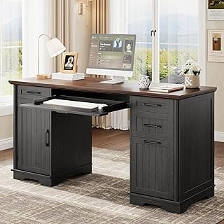 56" Large Modern Executive Desk, Farmhouse Computer Desk with File Drawers, Wood Home Office Desks with Charging Station, Adjustable Shelf, Storage Cabinet, for Writing Work Study (Black)