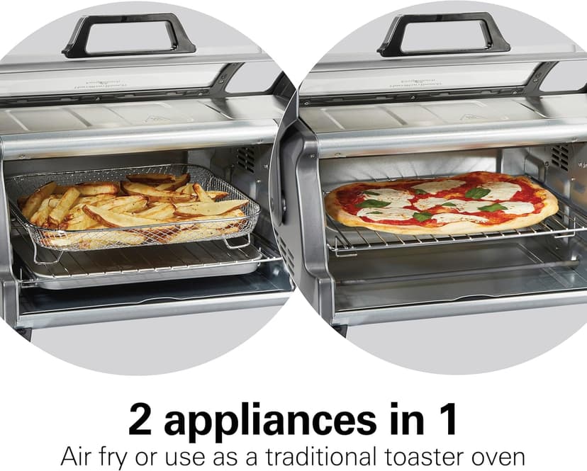 Hamilton Beach Air Fryer Toaster Oven Combo with Large Capacity, Fits 6 Slices or 12” Pizza, 4 Cooking Functions for Convection, Bake, Broil, Roll-Top Door, Easy Reach Sure-Crisp, Stainless Steel
