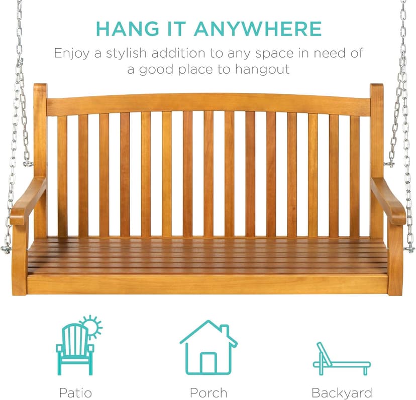 Best Choice Products 48in Wood Porch Swing Outdoor Patio Hanging Bench Chair Furniture for Deck, Garden, Yard w/Mounting Chains, Curved Back Design, 500lb Weight Capacity - Brown