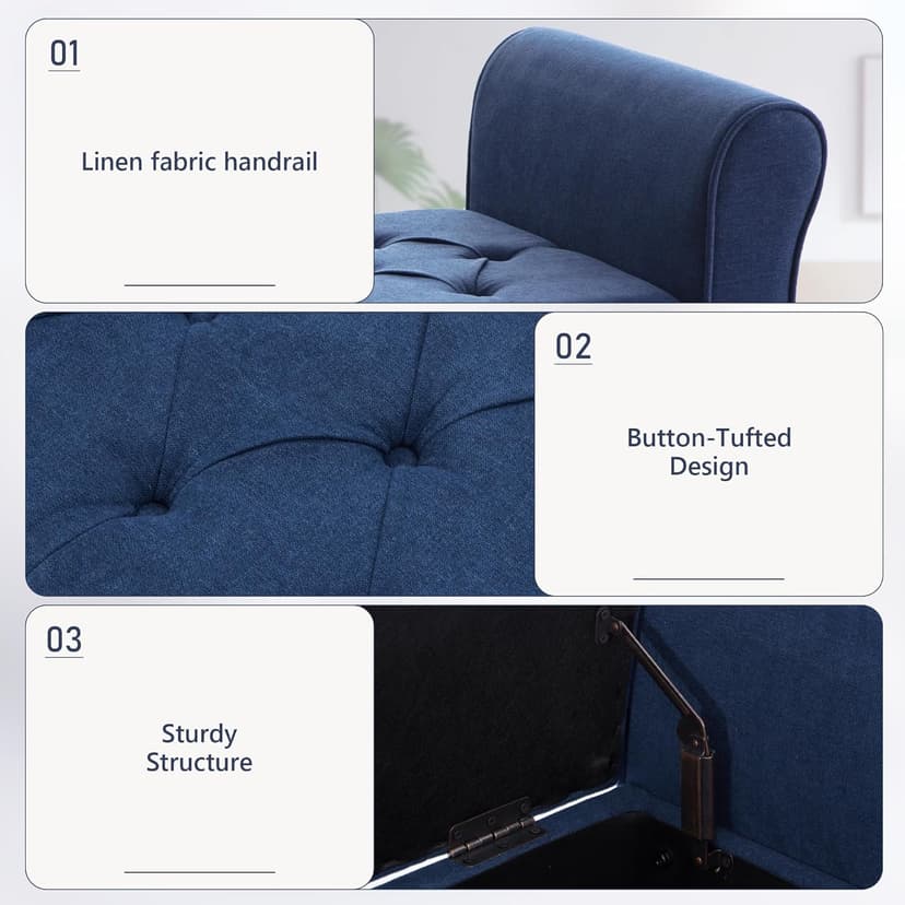 HUIMO 50.4" Arm Storage Bench with 7.5-inch Solid Wood Legs, Button-Tufted Storage Ottoman, Upholstered Window Sitting Bench for Bedroom,End of Bed Bench Indoor, Living Room, Entryway (Blue)