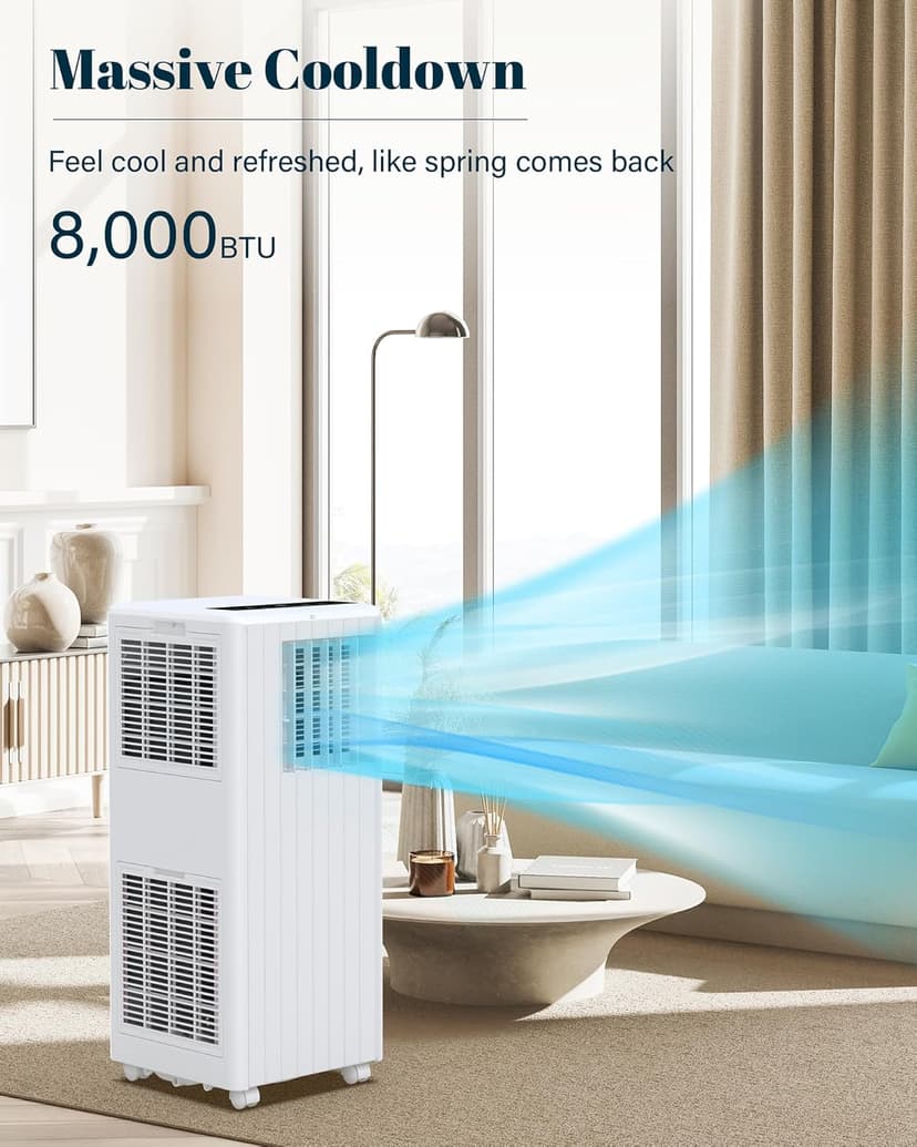 8,000 BTU Portable Air Conditioner for Indoor Rooms, 3-In-1 AC Unit for Bedroom 250-350 Sq.Ft, Dehumidifier, Fan, Sleep Mode, 24 Timer, Remote Control, Window Kits
