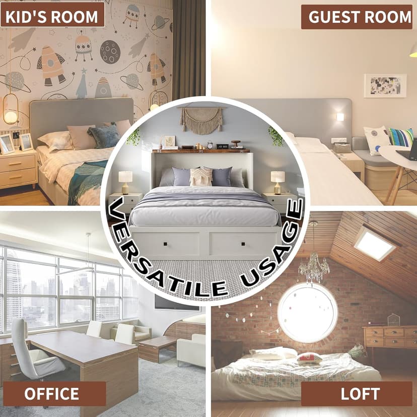 Queen Size Murphy Bed with Charging Station, Cabinet Bed with Large Storage Drawer for Home Office or Small Room, Hideaway Full Foldable Platform Bed, Barnwood+White