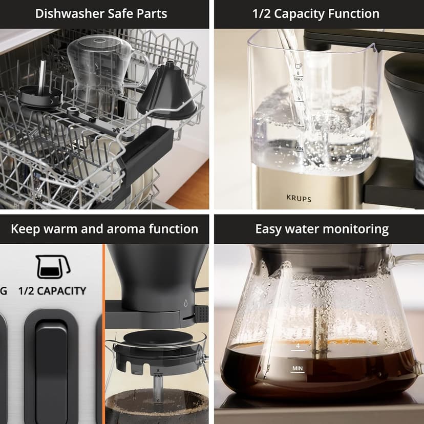 KRUPS Essential Brewer 8 Cup Drip Coffee Maker Machine SCA-Certified, Blooming Technology, Barista-Quality, Pour-Over Coffee Machine, Easy to Clean Dishwasher Safe,Stainless Steel Design, Silver
