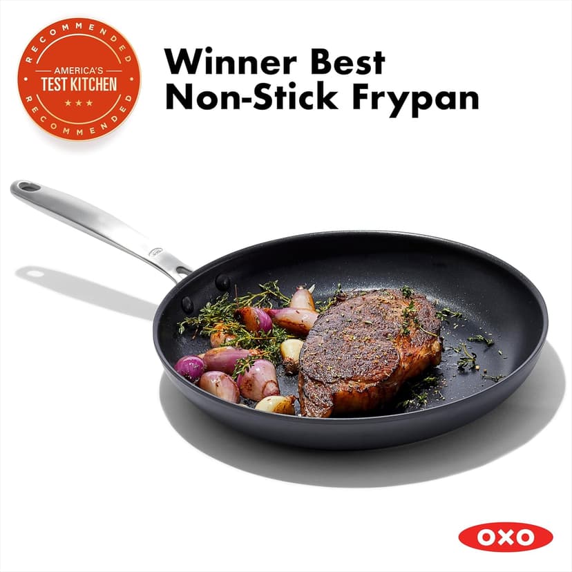 OXO 12” Nonstick Frying Pan Skillet, Enhanced PFAS-Free Ceramic Nonstick, Durable Hard Anodized Cookware, Scratch Resistant, Good Grips, Easy Clean Dishwasher Safe, Oven Safe, Drip Free Pours, Black