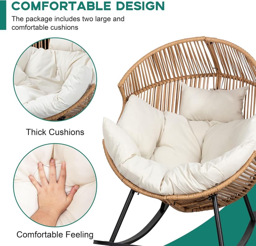 Shintenchi Wicker Egg Chair,Oversized Outdoor Indoor Rocking Chair,Large PE Rattan Rocking Chair with Cushion for Patio, Balcony, Backyard, Garden, Beige