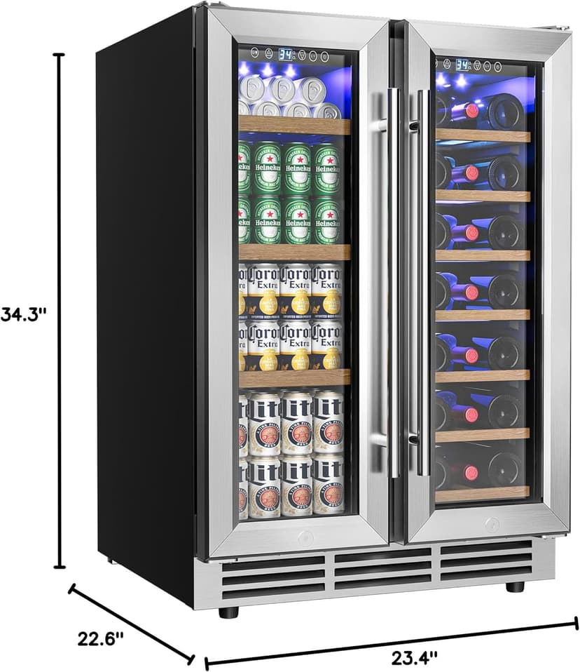 EUHOMY Wine and Beverage Refrigerator, 24 Inch Dual Zone Wine Cooler with Glass Door Hold 21 Bottles and 88 Cans, Built in or Under Counter Wine Fridge with Blue LED Light