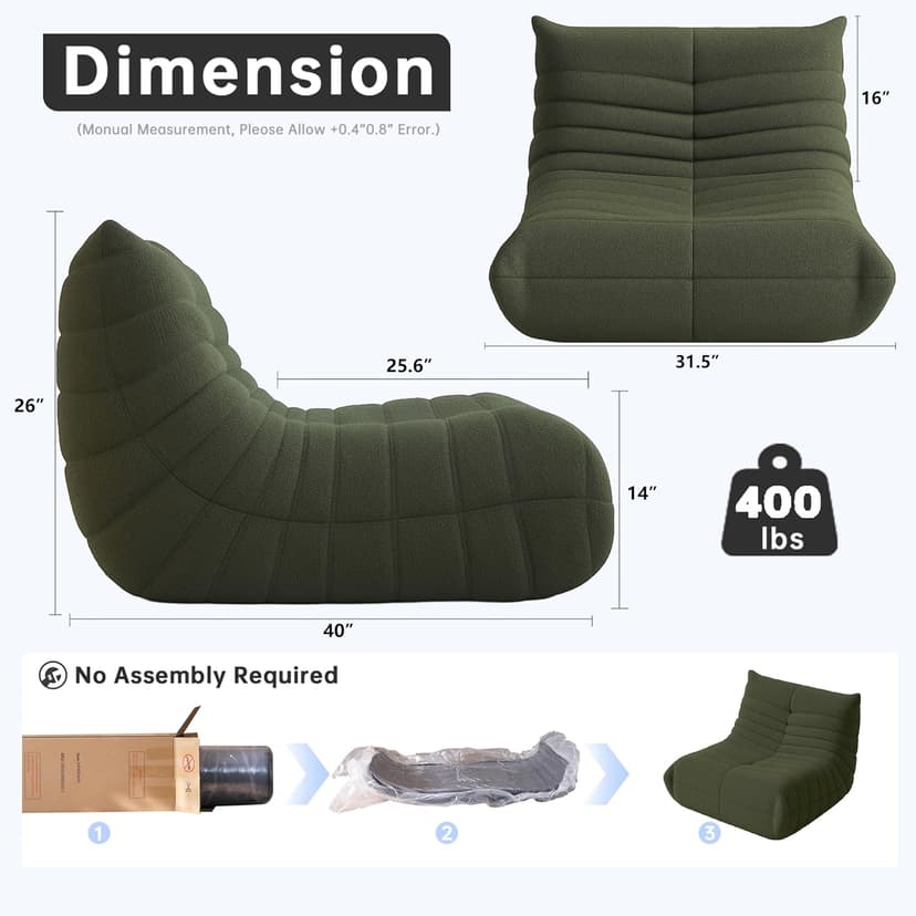 Bean Bag Chairs for Adults, BeanBag Reading Chair Memory Foam Couch, Floor Chair Soft Teddy Material, Comfy Reading Nook Chairs for Bedroom Living Room Office (Green)