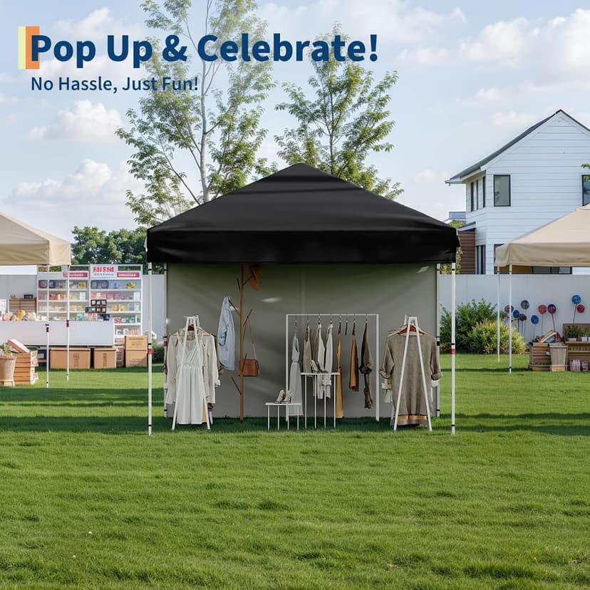 10'x10' Pop Up Canopy Tent with 4Pcs Sidewalls, Portable Instant Commercial Canopy with 4 Stakes, 4 Ropes, 4 Sandbags for Farmers' Market, Patio, Outdoor, Camping, Black