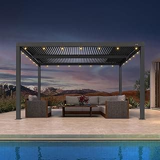 PURPLE LEAF Louvered Pergola 10' x 13' Outdoor Retractable Modern Hardtop Full Aluminum Pergola with Adjustable Rainproof Roof and 36 Clear LED String Lights for Patio Deck Backyard Slate Grey