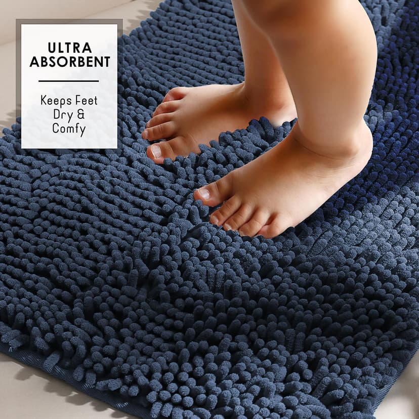 Hearth & Harbor Bathroom Rugs Sets 2 Piece, Chenille Bath Mat Set - Machine Washable Bath Mats for Bathroom Non-Slip Backing Rubber Quick Dry Bathroom Mat - Navy Bath Rug, 17x24-20x32
