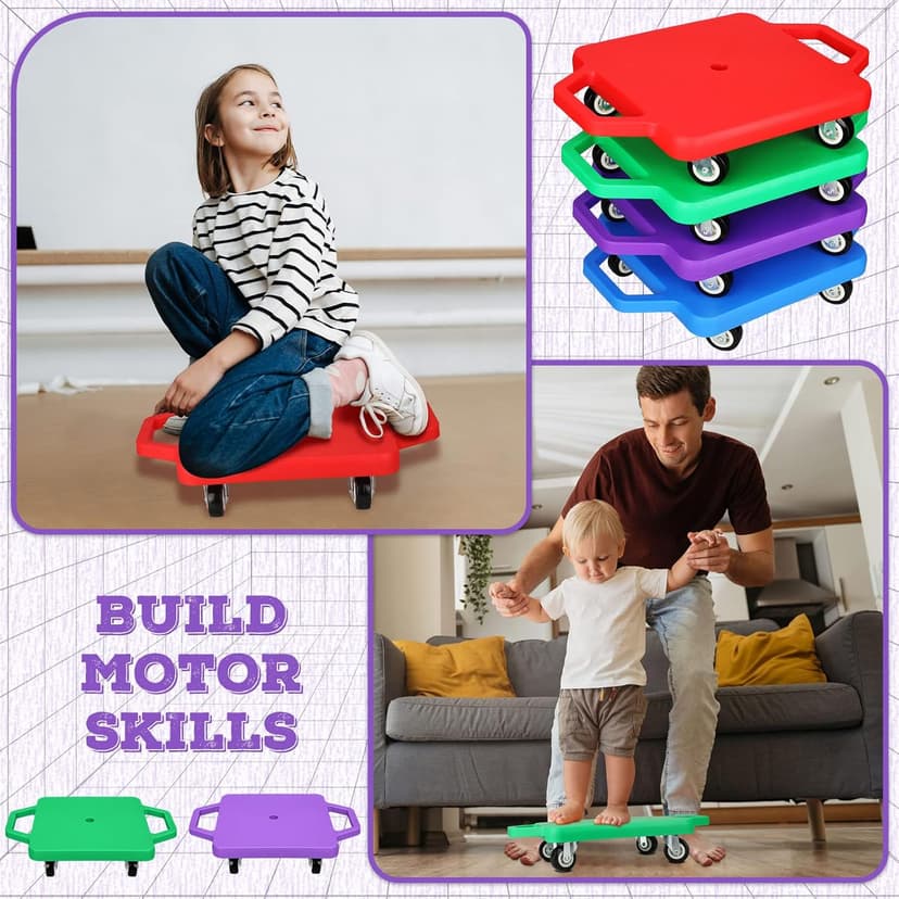 Jerify 4 Pieces Sports Scooter Board with Handles Plastic Casters Floor Sitting Scooter Boards for Kids Children Gym Indoor Outdoor Activities Play Equipment, 11.22 x 11.22 inch