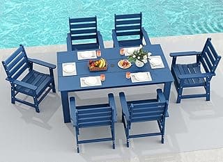 GREENVINES 7-Piece Outdoor Dining Set | HDPE | Patio Table and Chairs Sets for 6 | Patio Furniture | All Weather | Umbrella Hole | Blue| for Backyard Poolside Garden