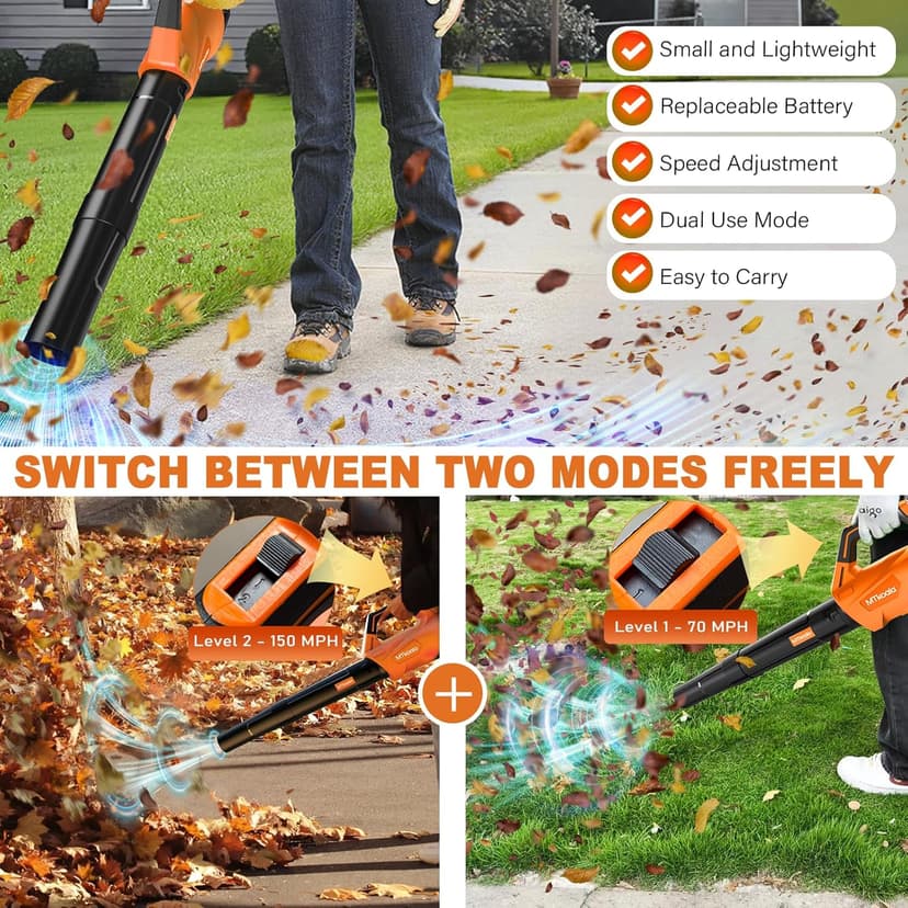 2025 Upgrade Leaf Blower, Leaf Blower Cordless with 2*2.6AH Batteries and Fast Charger, 450CFM &150MPH and 2 Speed Mode, Lightweight Electric Leaf Blowers for Lawn,Yard, Leaves, Dust,Snow Care(Orange)