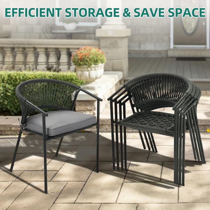 YITAHOME Outdoor Patio Chairs Set of 6, Stackable Dining Chairs Rattan Wicker Outdoor Patio Furniture Set with Cushion All Weather Bistro Chair for Garden Backyard Porch Poolside (Grey)