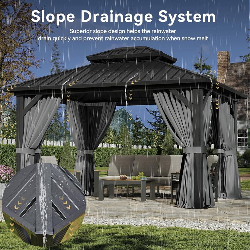 Aoxun 12'x10' Hardtop Gazebo with Light, Aluminum Frame Permanent Pavilion with Curtains and Netting, Outdoor Galvanized Double Roof Canopy, Designed for Garden, Lawns, Patio