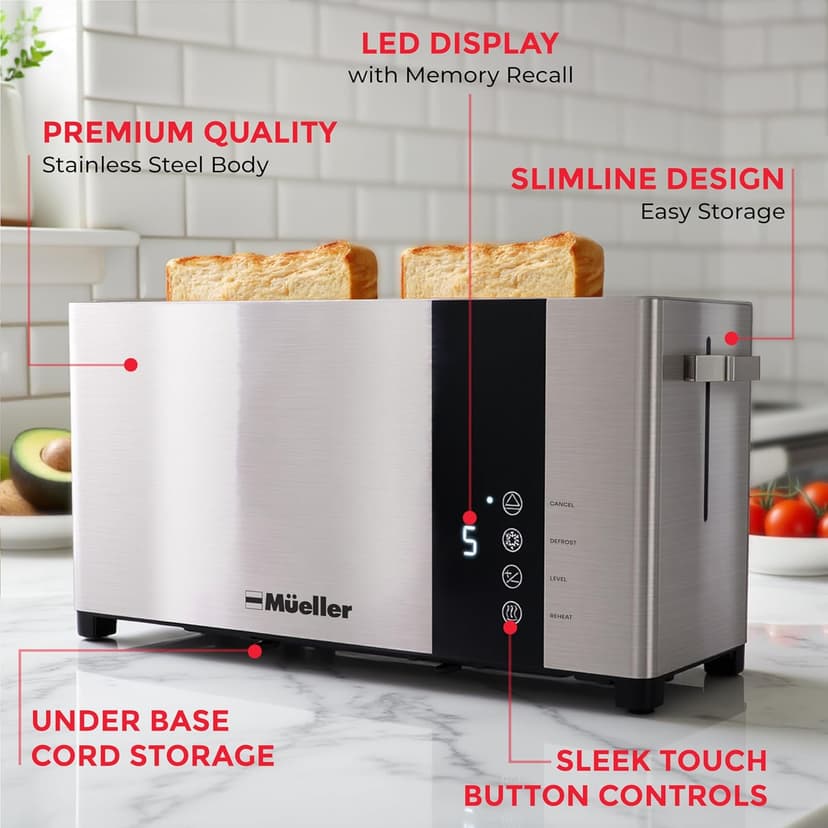 Mueller UltraToast Full Stainless Steel Toaster 2 Slice, Long Extra-Wide Slots with Removable Tray, Cancel/Defrost/Reheat Functions, 6 Browning Levels with LED Display, Housewarming Gifts New Home