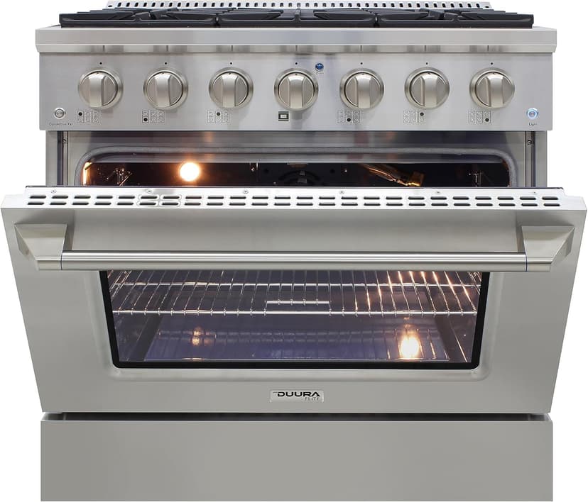 DE360GRSSS Gas Range Cooktop 36-Inch with Porcelain Convection Oven and Broil Function, 6 Sealed Burners and Continuous Grates with Stainless Steel Construction, Silver