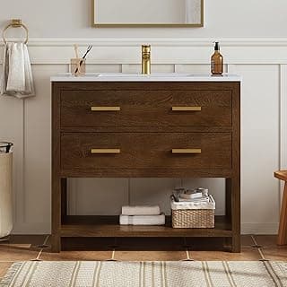 36 Inch Bathroom Vanity with Sink, Farmhouse Storage Cabinet with Drawers & Open Storage Shelf, Easy Assembly, Adjustable Feet, Walnut