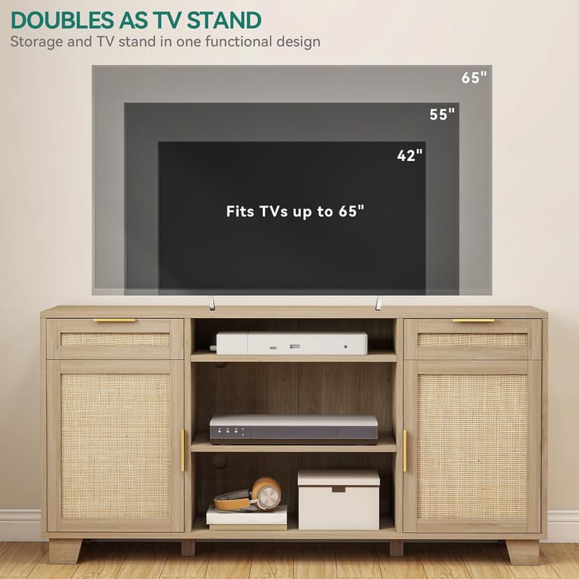 YITAHOME Rattan TV Stand for up to 65 Inch TVs, Boho Entertainment Center with Storage, TV Media Console with Drawers, Adjustable Shelves for Living Room (Natural Oak)