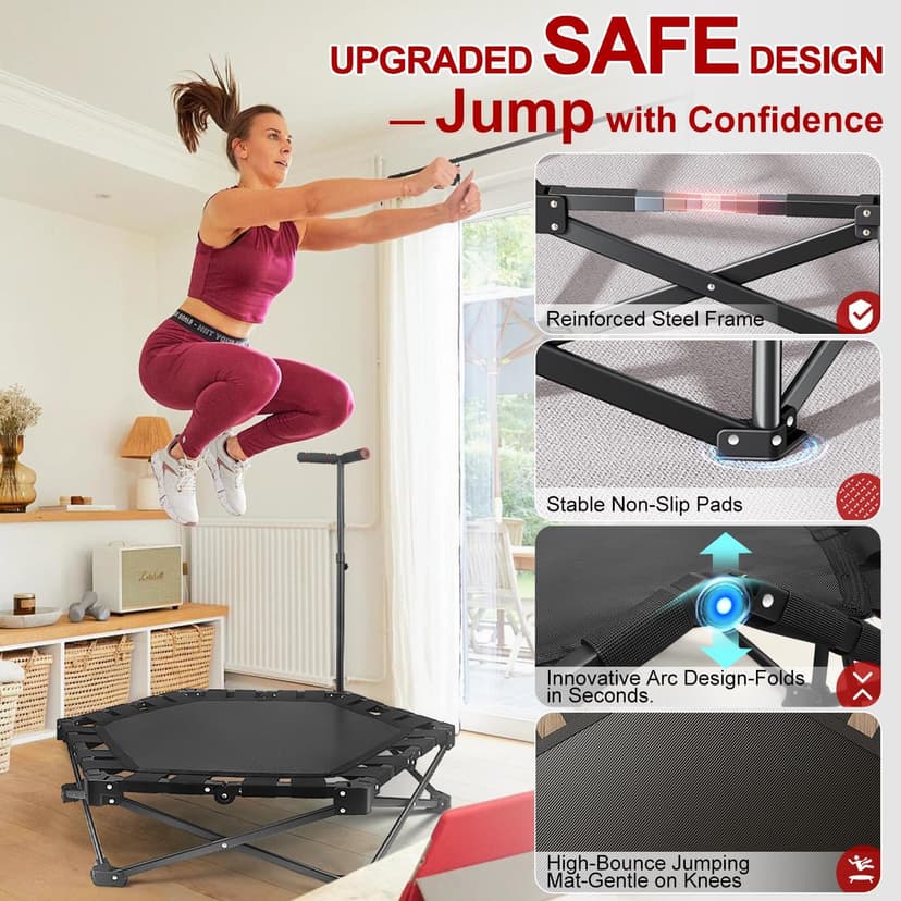 Foldable Mini Trampoline — One-Step Fold & Open, 42" Rebounder Trampoline for Adults & Kids, 450lbs Max Load, Adjustable T-Bar, Indoor & Outdoor Workout