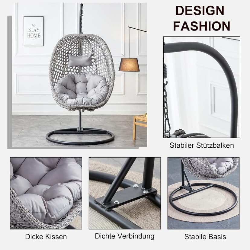 Egg Swing Chair Outdoor with Stand, Hanging Egg Rattan Basket Chair with Cushion and Pillow, Lounge Chairs, Foldable Basket and Metal Stand for Porch, Patio, Bedroom, Balcony,Yard (Grey)