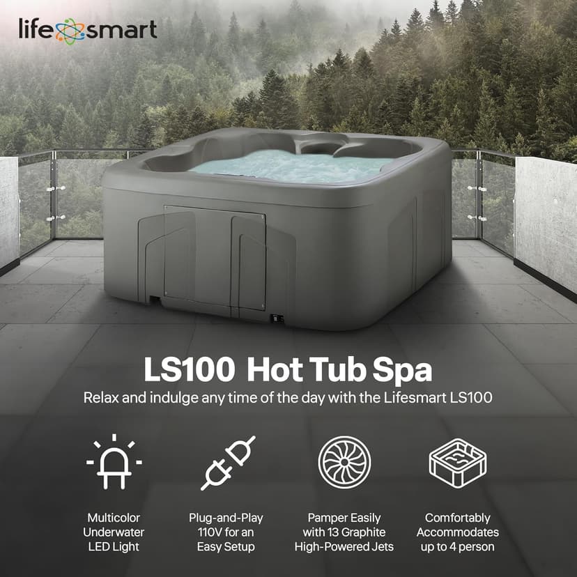 LifeSmart 4-Person Hot Tub with 13 High-Powered Jets & LED Lighting, Square, Taupe - Outdoor Spa w/ 4 Bucket Seats, Pump & Cover, 205-Gallon Water Capacity
